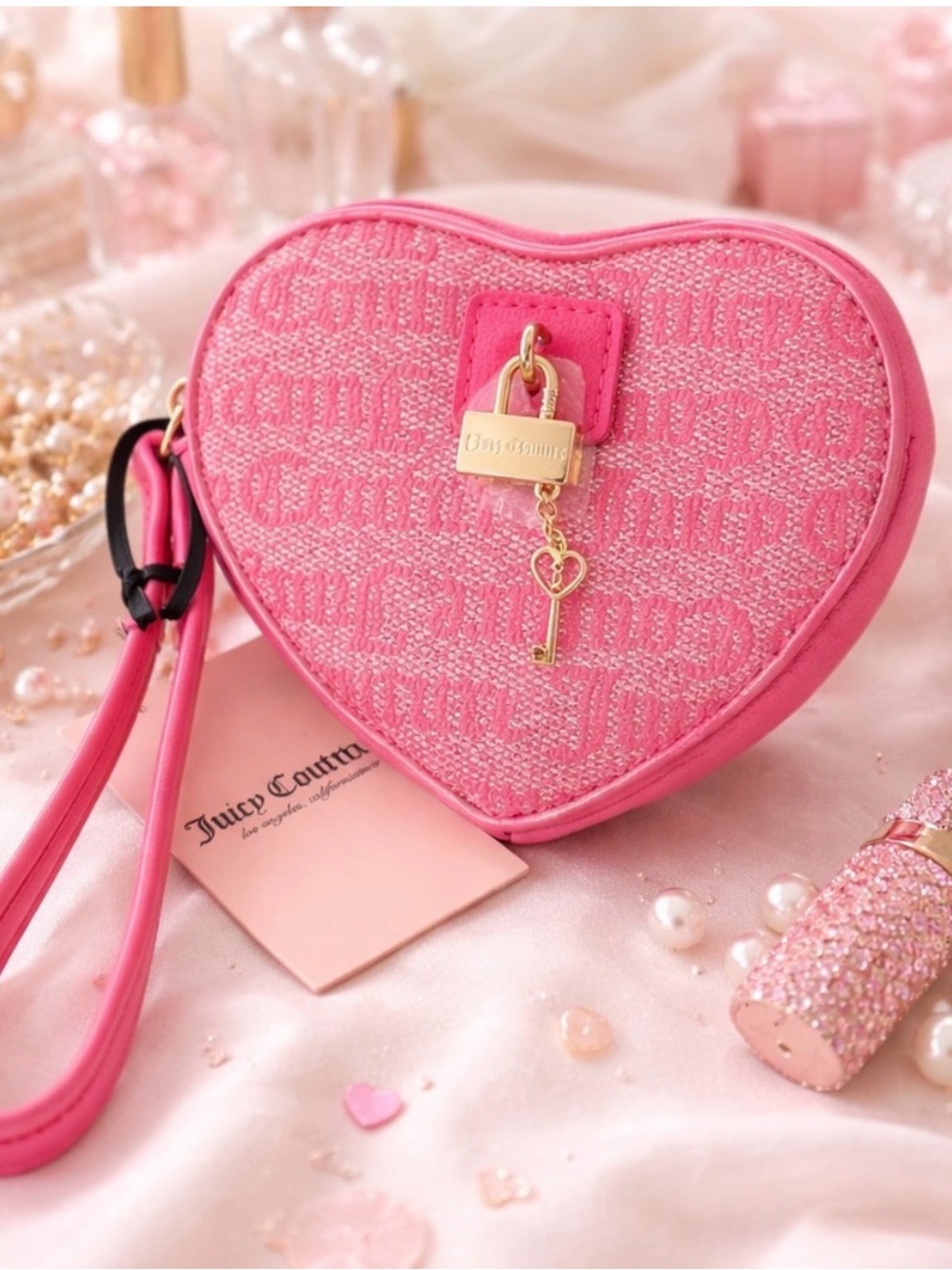 JUICY COUTURE Wristlet Coin Purse Heart Logo Jacquard Zip Around Pink Gold NWT